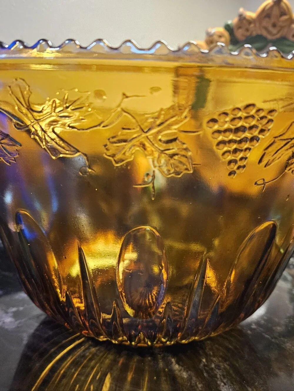 Vintage Indiana Glass Harvest Grape Punch Bowl Set -Iridescent Marigold Carnival